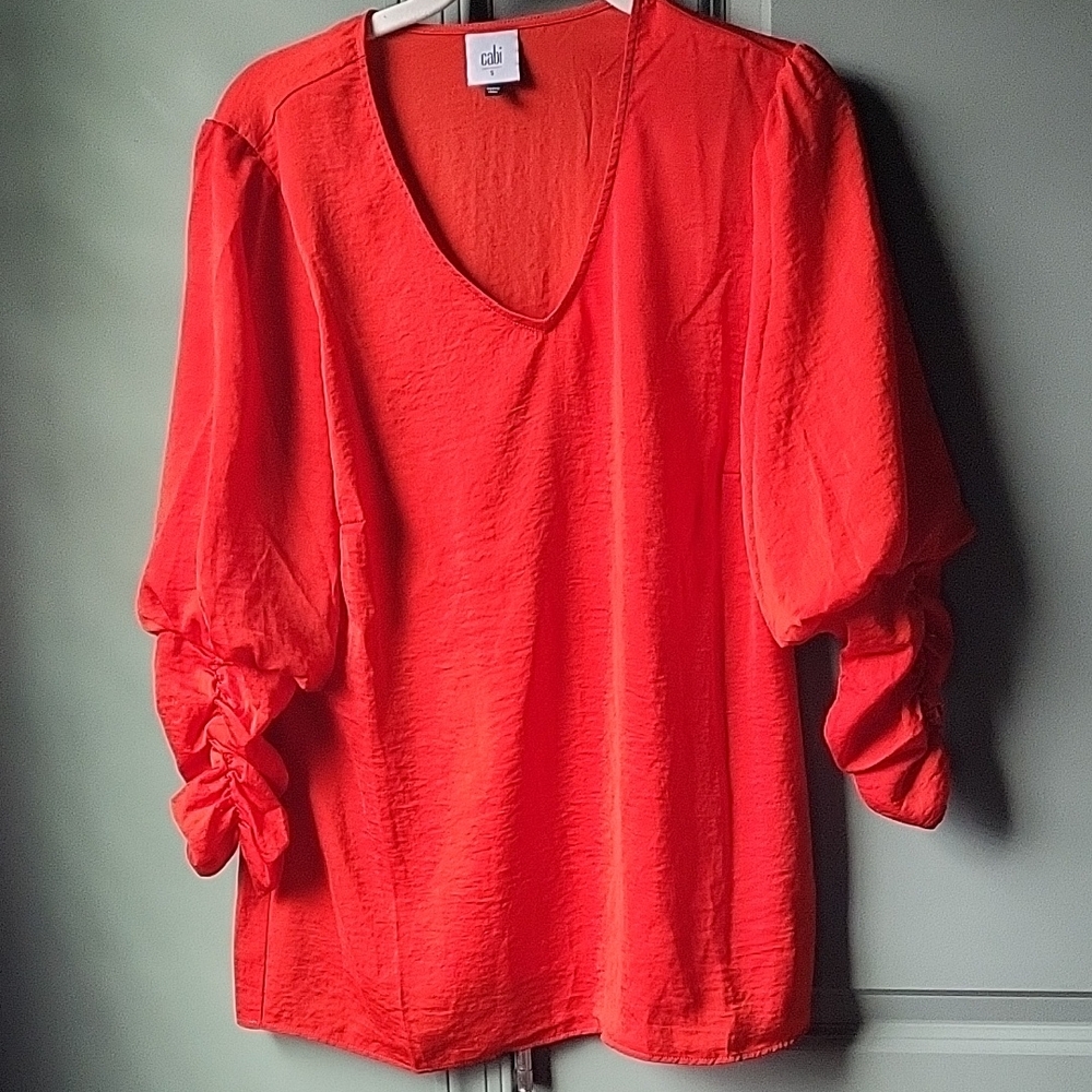 CAbi Women's Bright Red Blouse with Puff Sleeves